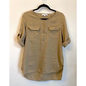 Linen Zipper Front Rolled Sleeve Tunic